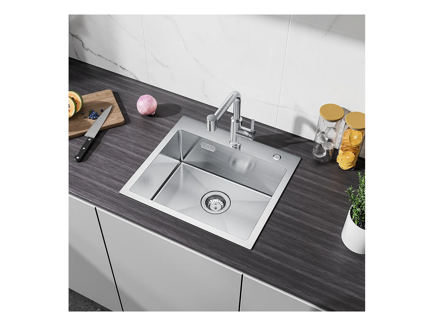 Cecipa max Évier Inox Évier Cuisine 1 Bac 50 × 45 cm Évier de Cuisine Brossé + Mitigeur avec Douchette Extractible, 3 Modes de Sortie D'eau, Brossé