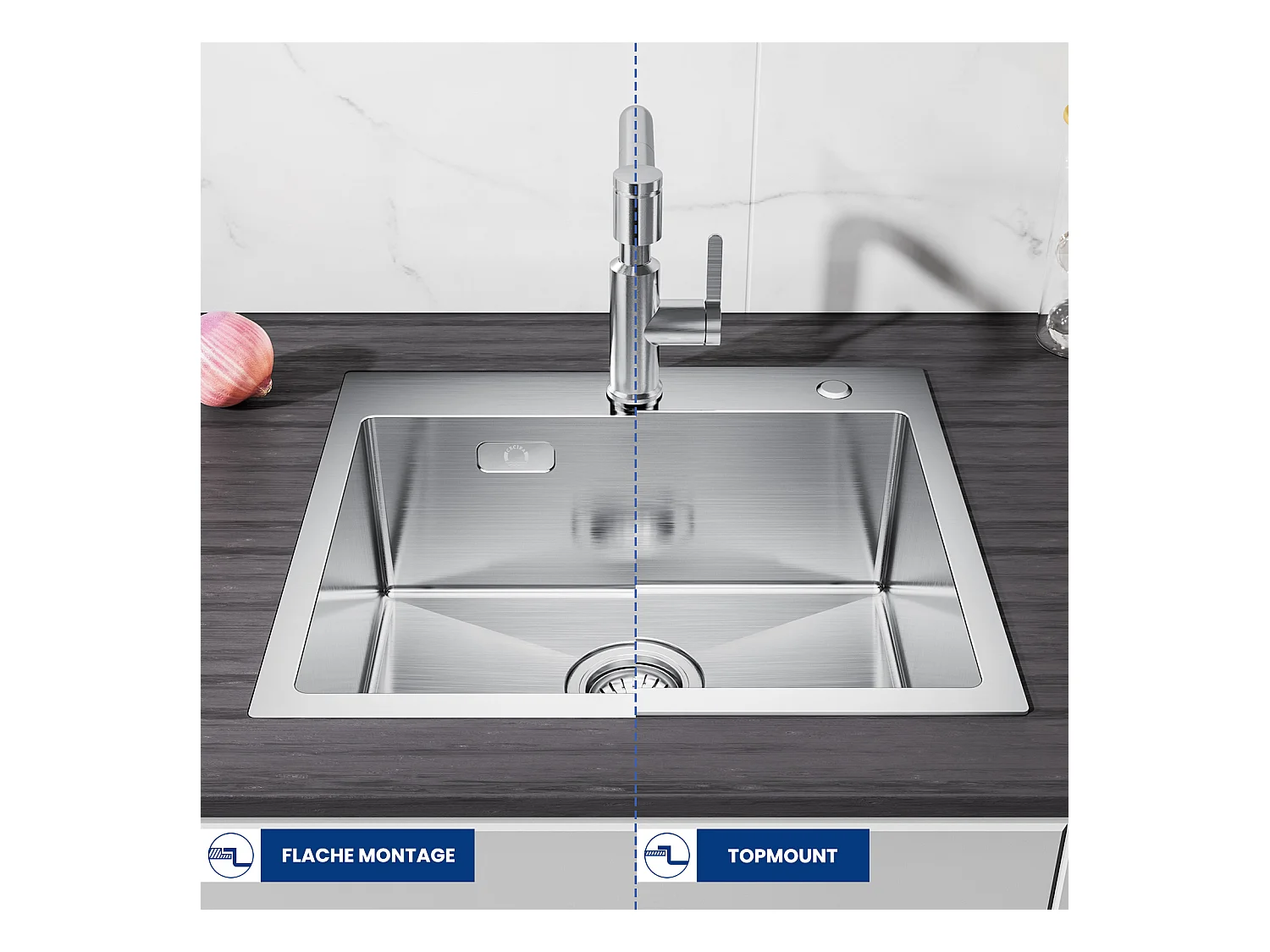 Cecipa max Évier Inox Évier Cuisine 1 Bac 50 × 45 cm Évier de Cuisine Brossé + Mitigeur avec Douchette Extractible, 3 Modes de Sortie D'eau, Brossé