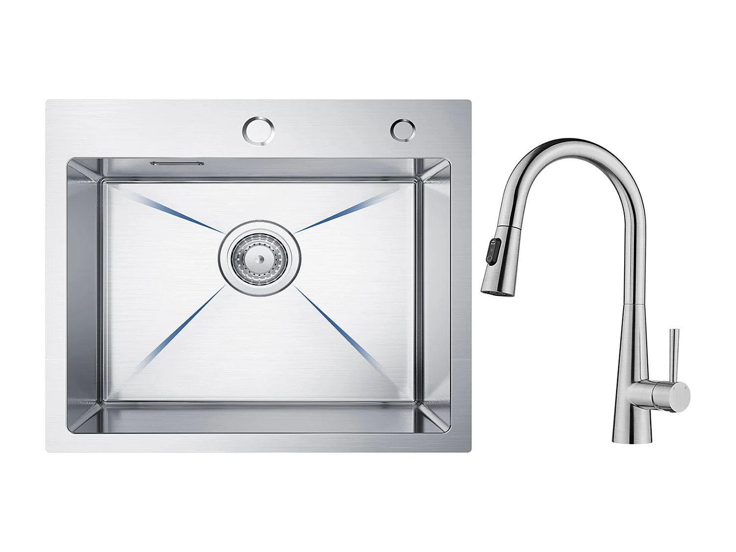 Cecipa max Évier Inox Évier Cuisine 1 Bac 50 × 45 cm Évier de Cuisine Brossé + Mitigeur avec Douchette Extractible, 3 Modes de Sortie D'eau, Brossé