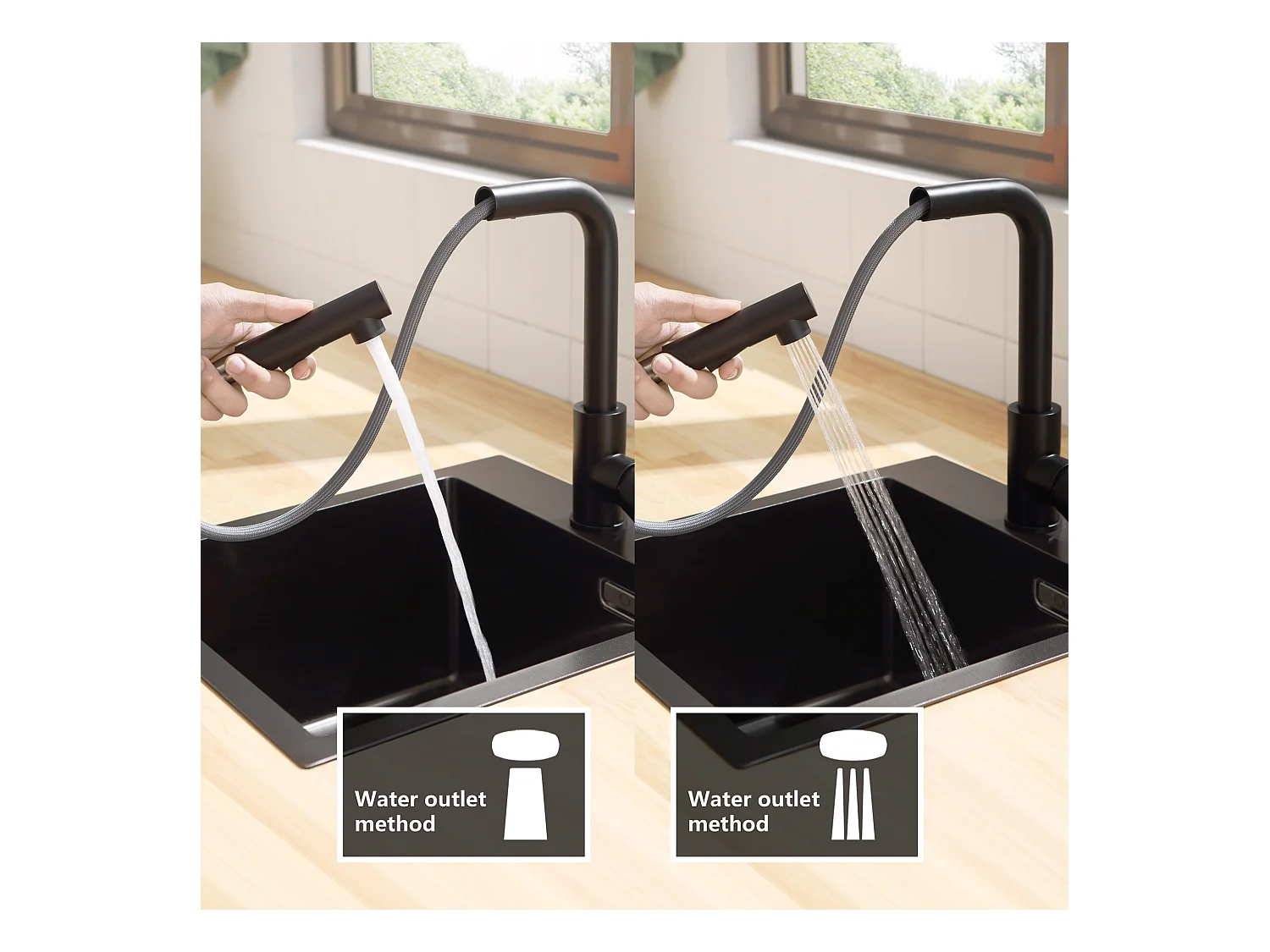 Fregadero de cocina Cecipa max 2 en 1 de acero inoxidable 50 x 45 x 18,5 cm + grifo de cocina extraíble negro