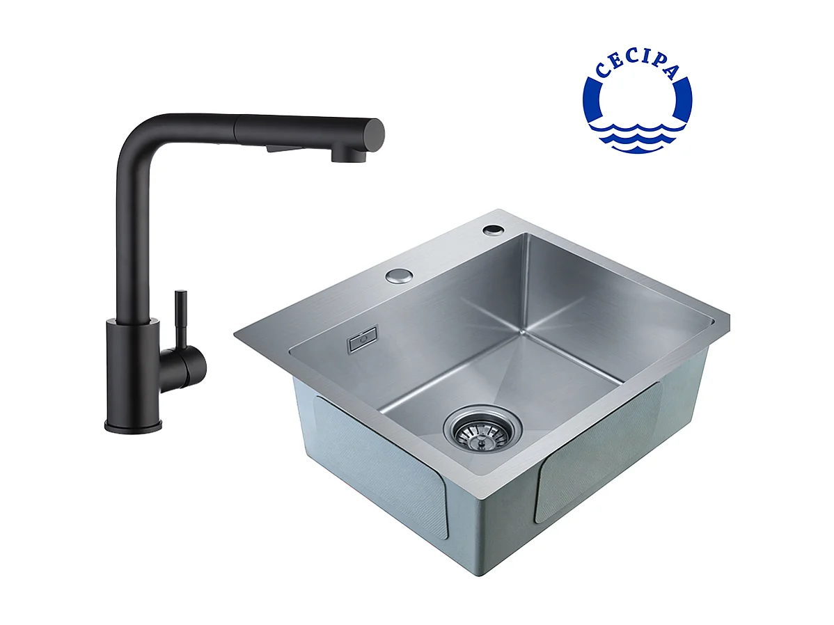 Cecipa max 2 in 1 Küchenspüle aus Edelstahl 50 x 45 x 18,5 cm + schwarzer ausziehbarer Küchenhahn
