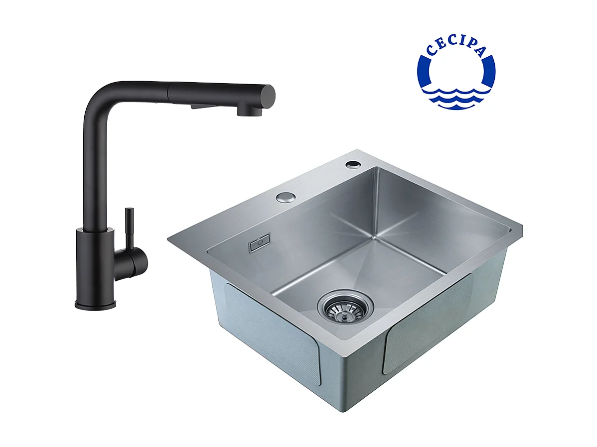 Cecipa max 2 en 1 Évier de Cuisine Inox 50 x 45 x 18,5 cm + Robinet de Cuisine Extractible Noir