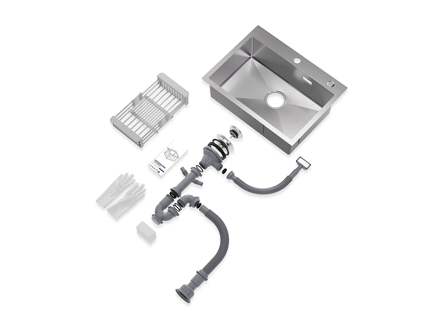 Cecipa max Fregadero de Cocina 1 Seno 60×45×18CM Fregadero de Acero Inoxidable Cepillado con Escurridor + Grifos con Ducha Extraíble, Mezclador de Fregadero Negro