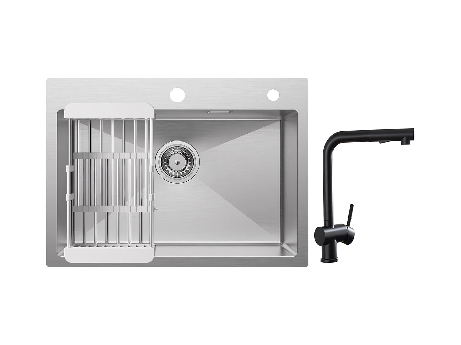 Cecipa max Évier Cuisine 1 Bac 60×45×18CM Évier Inox Brossé avec Panier de Drainage + Robinets avec Douchette Extractible, Mitigeur d'évier Noir