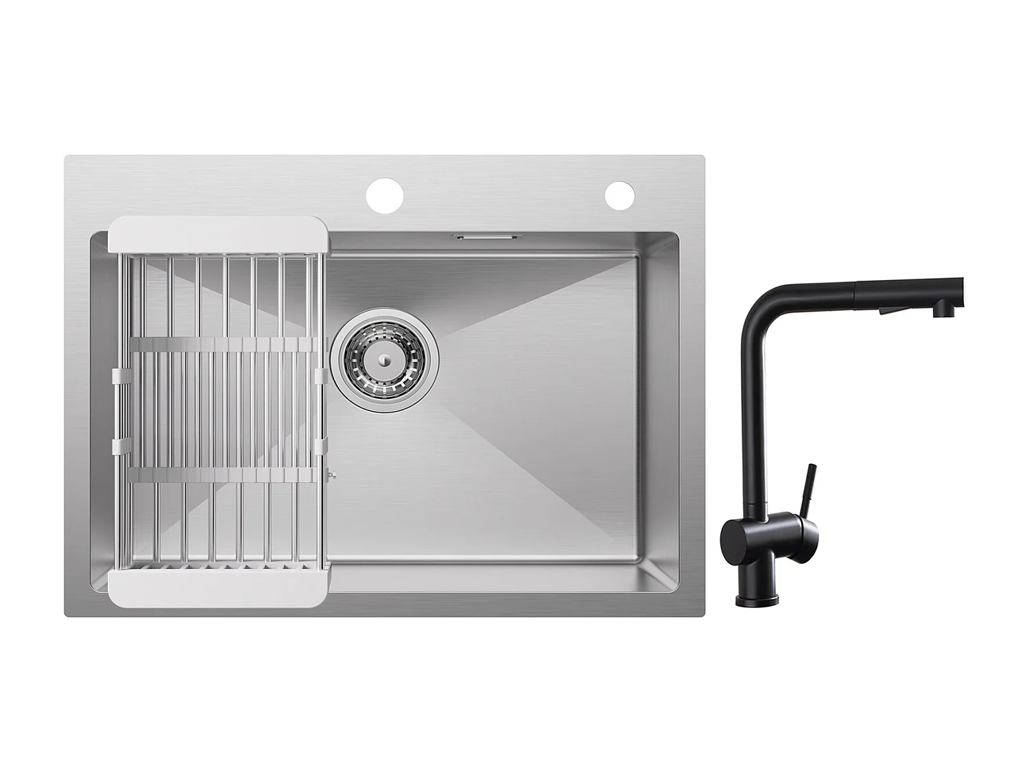 Cecipa max Évier Cuisine 1 Bac 60×45×18CM Évier Inox Brossé avec Panier de Drainage + Robinets avec Douchette Extractible, Mitigeur d'évier Noir