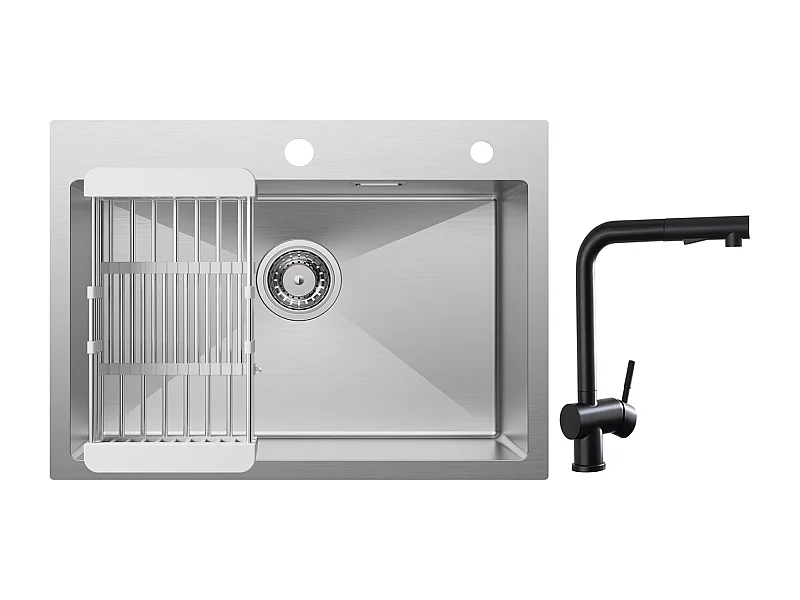 Cecipa max keukenspoelbak 1 kom 60×45×18CM geborsteld roestvrijstalen spoelbak met afvoermand + kranen met uittrekbare spray, zwarte spoelbakmengkraan