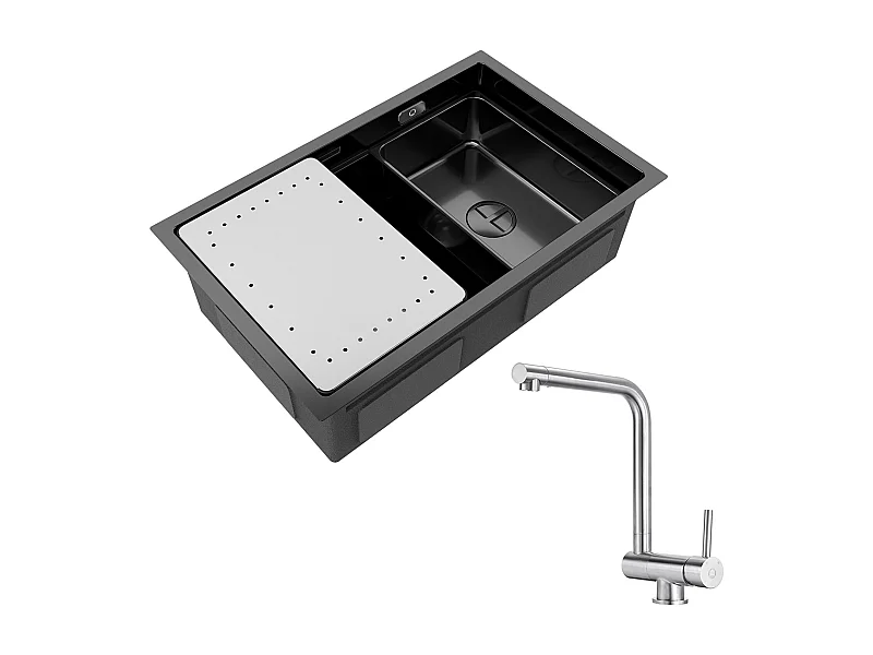 Aanrecht 1 Kom 70×44×21CM Zwarte RVS Spoelbak met Afdruiprek en Wastafel + Geborstelde Opvouwbare Keukenmengkraan