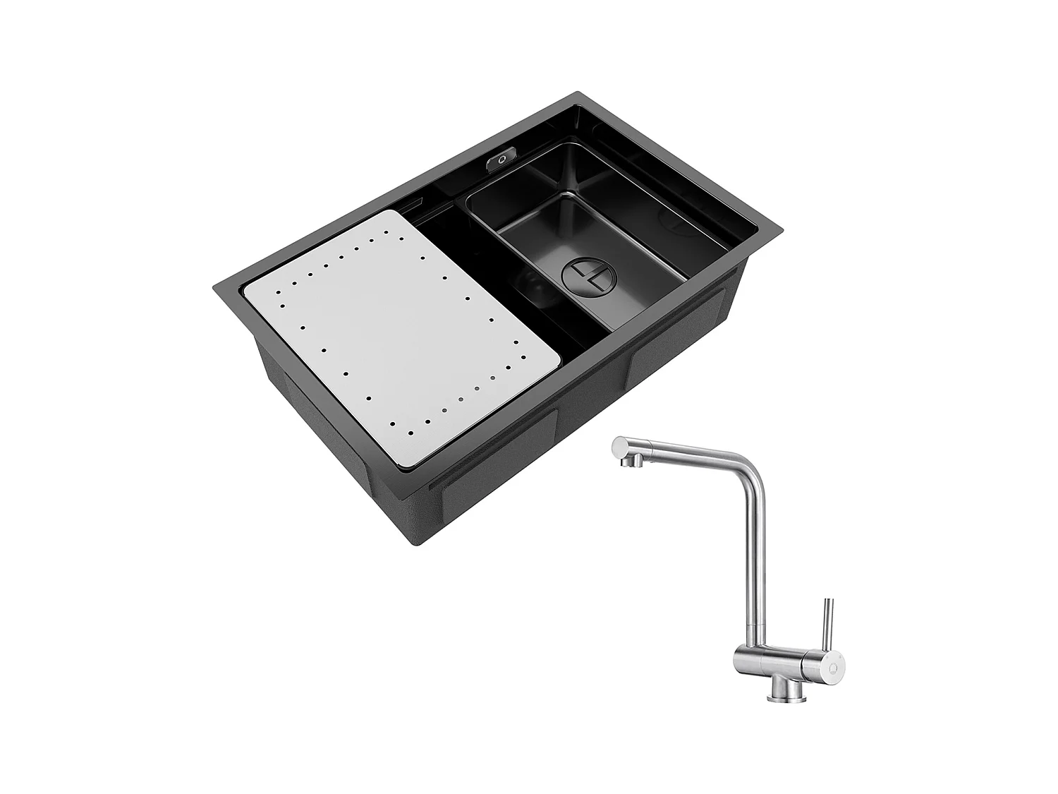 Lavello da cucina 1 vasca 70×44×21 cm Lavello in acciaio inox nero con gocciolatoio e vasca + Miscelatore da cucina pieghevole spazzolato