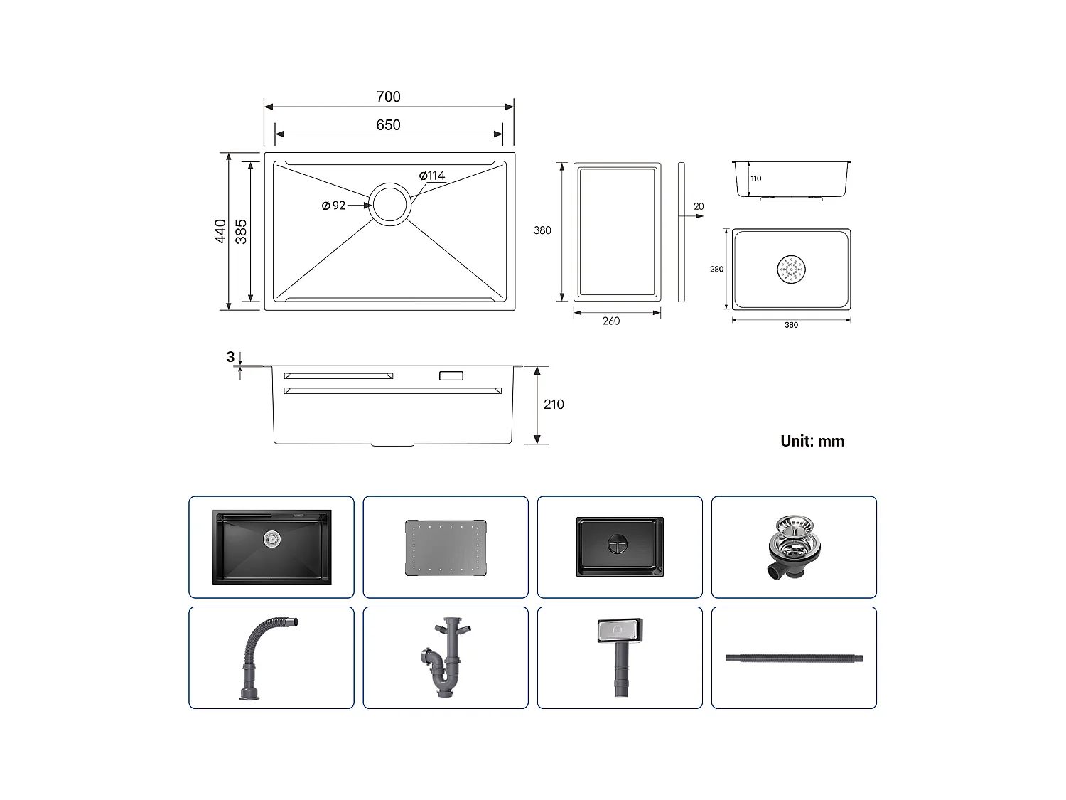 Lavello da cucina 1 vasca 70×44×21 cm Lavello in acciaio inox nero con gocciolatoio e vasca + Miscelatore da cucina pieghevole spazzolato