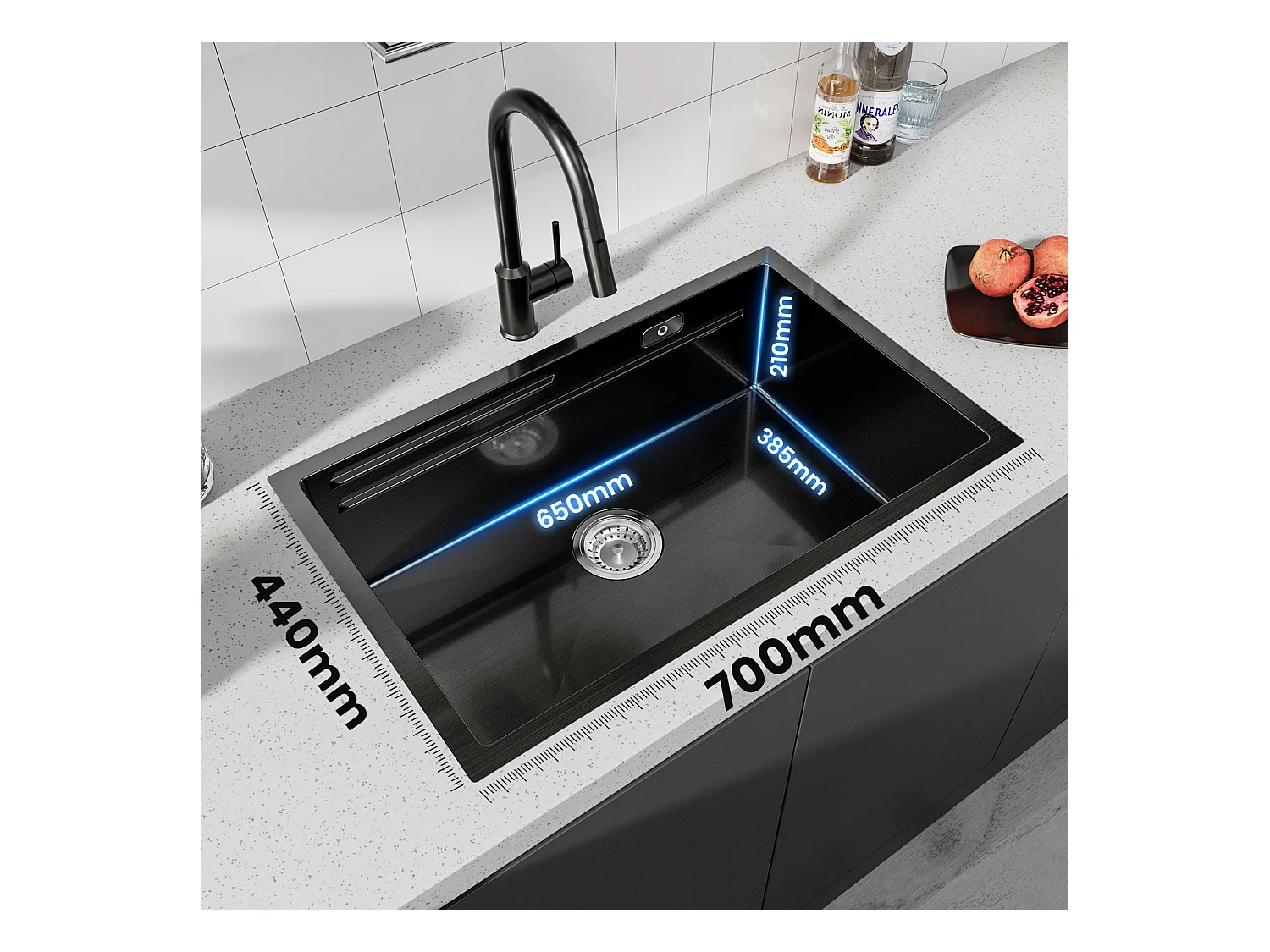 Lavello da cucina 1 vasca 70×44×21 cm Lavello in acciaio inox nero con gocciolatoio e vasca + Miscelatore da cucina pieghevole spazzolato