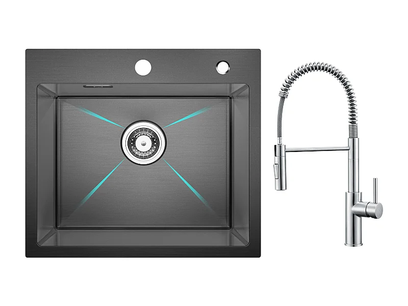 Cecipa max Fregadero de acero inoxidable de 1 seno, 50 x 45 cm, 201 nanómetros, negro + mezclador de cocina con resorte cepillado y ducha extraíble