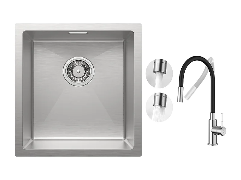 CECIPA MAX Évier Inox Encastré 40*44cm Évier de Cuisine 1 Bac Brossé + Flexible Mitigeur de Cuisine, 2 Types de Jets  Robinet Extractible Brossé