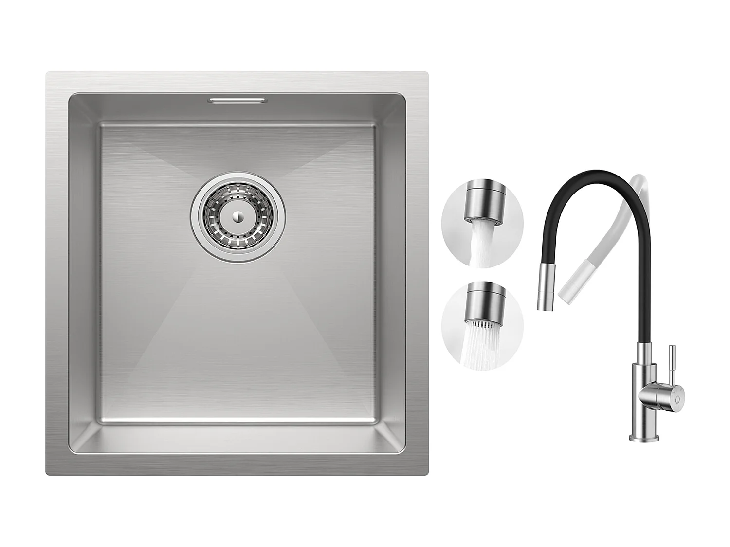 CECIPA MAX Évier Inox Encastré 40*44cm Évier de Cuisine 1 Bac Brossé + Flexible Mitigeur de Cuisine, 2 Types de Jets  Robinet Extractible Brossé