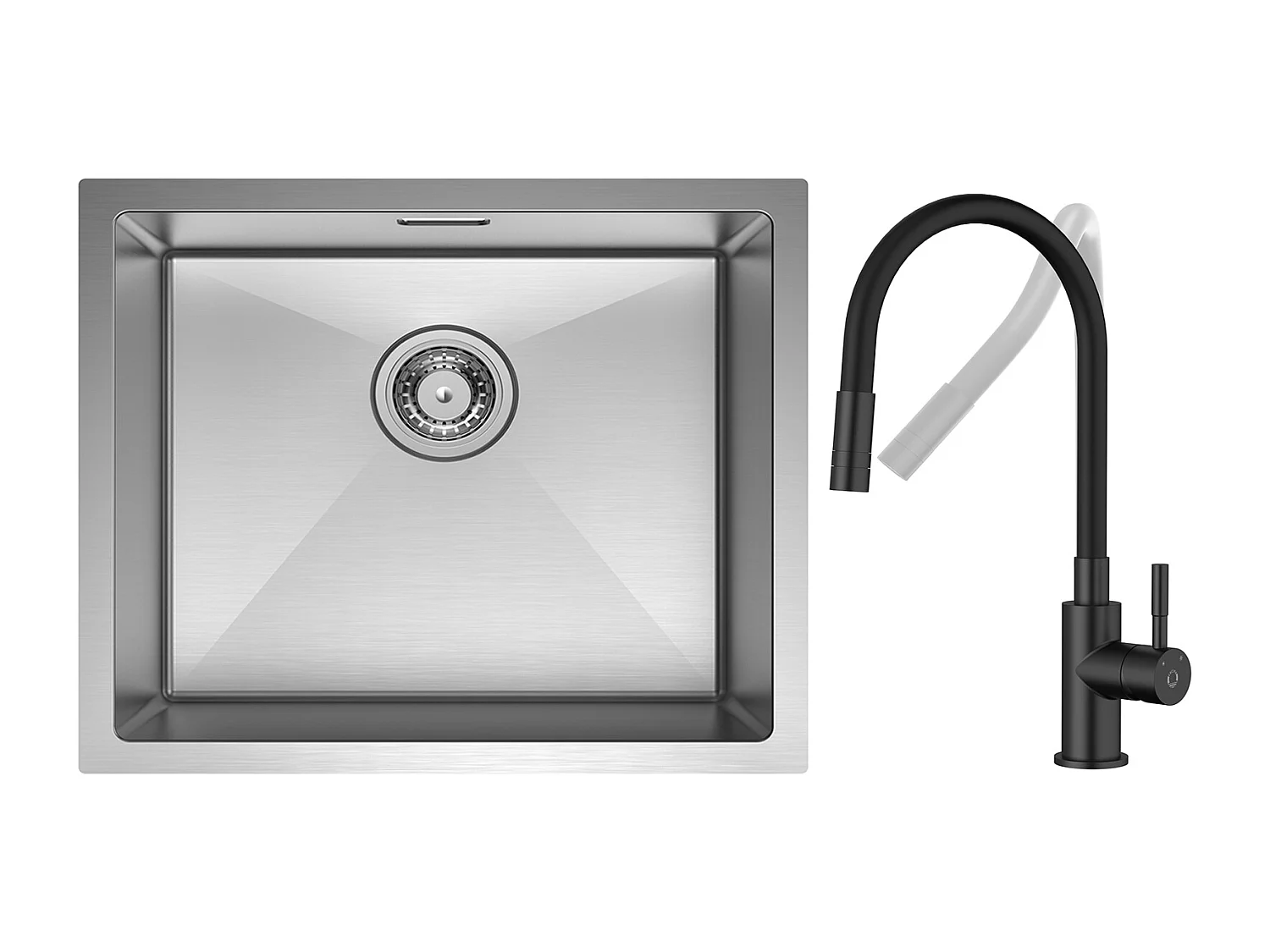 CECIPA MAX  Évier 1 Bac 50*44cm Évier de Cuisine en Inox Brossé + Flexible Mitigeur de Cuisine, 2 Types de Jets  Robinet Extractible Noir