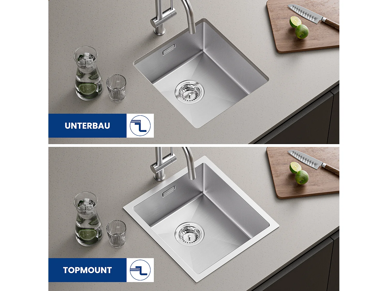 Cecipa MAX Keukenspoelbak 1 Kom 40x44x19 cm Geborstelde RVS Spoelbak + Geborstelde RVS Keukenmengkraan