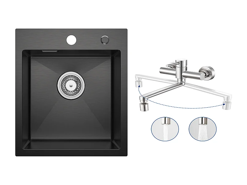 Evier Cuisine 1 Bac Noir Anthracite 40*45*19CM - Évier Inox Évier de Cuisine + Mitigeur de Cuisine Mural avec 2 Jets Brossé