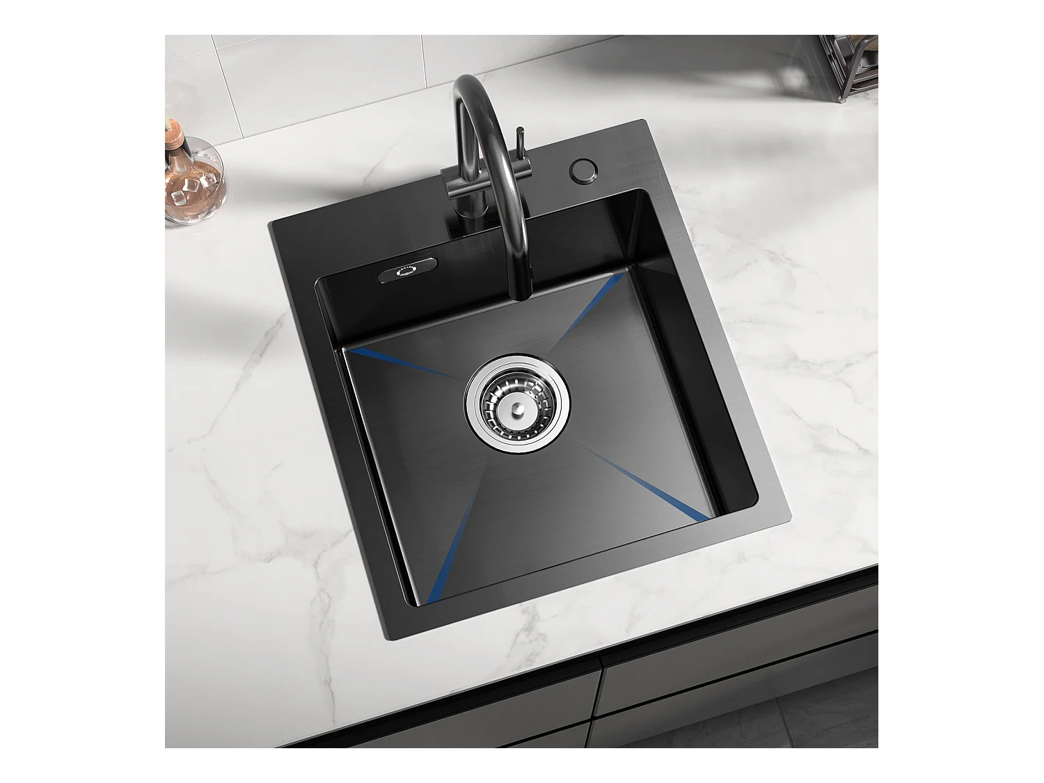 Keukenspoelbak met 1 bak antraciet zwart 40*45*19CM - RVS spoelbak keukenspoelbak + wandmontage keukenmengkraan met 2 geborstelde jets