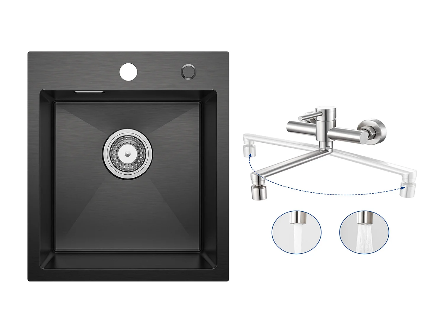 Evier Cuisine 1 Bac Noir Anthracite 40*45*19CM - Évier Inox Évier de Cuisine + Mitigeur de Cuisine Mural avec 2 Jets Brossé