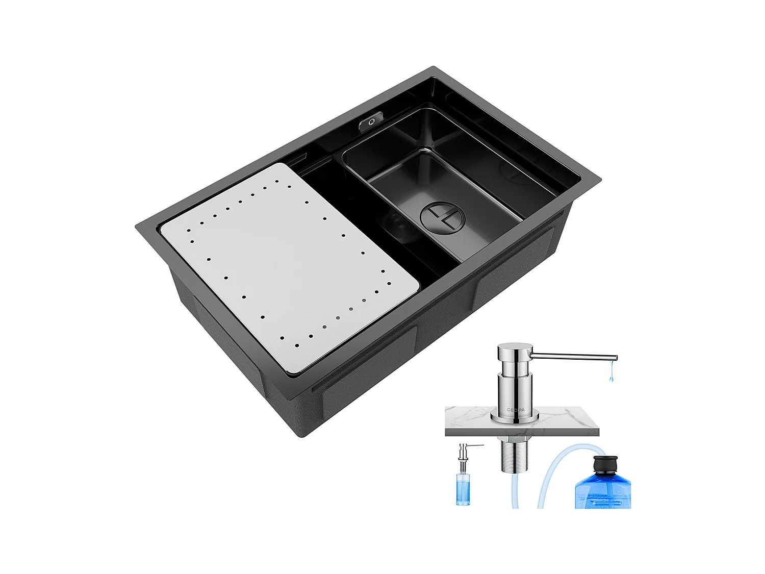 Lavello da cucina a 1 vasca 70×44×21 cm Lavello sottopiano nero con gocciolatoio e vasca + Dispenser di sapone da cucina cromato da 300 ml
