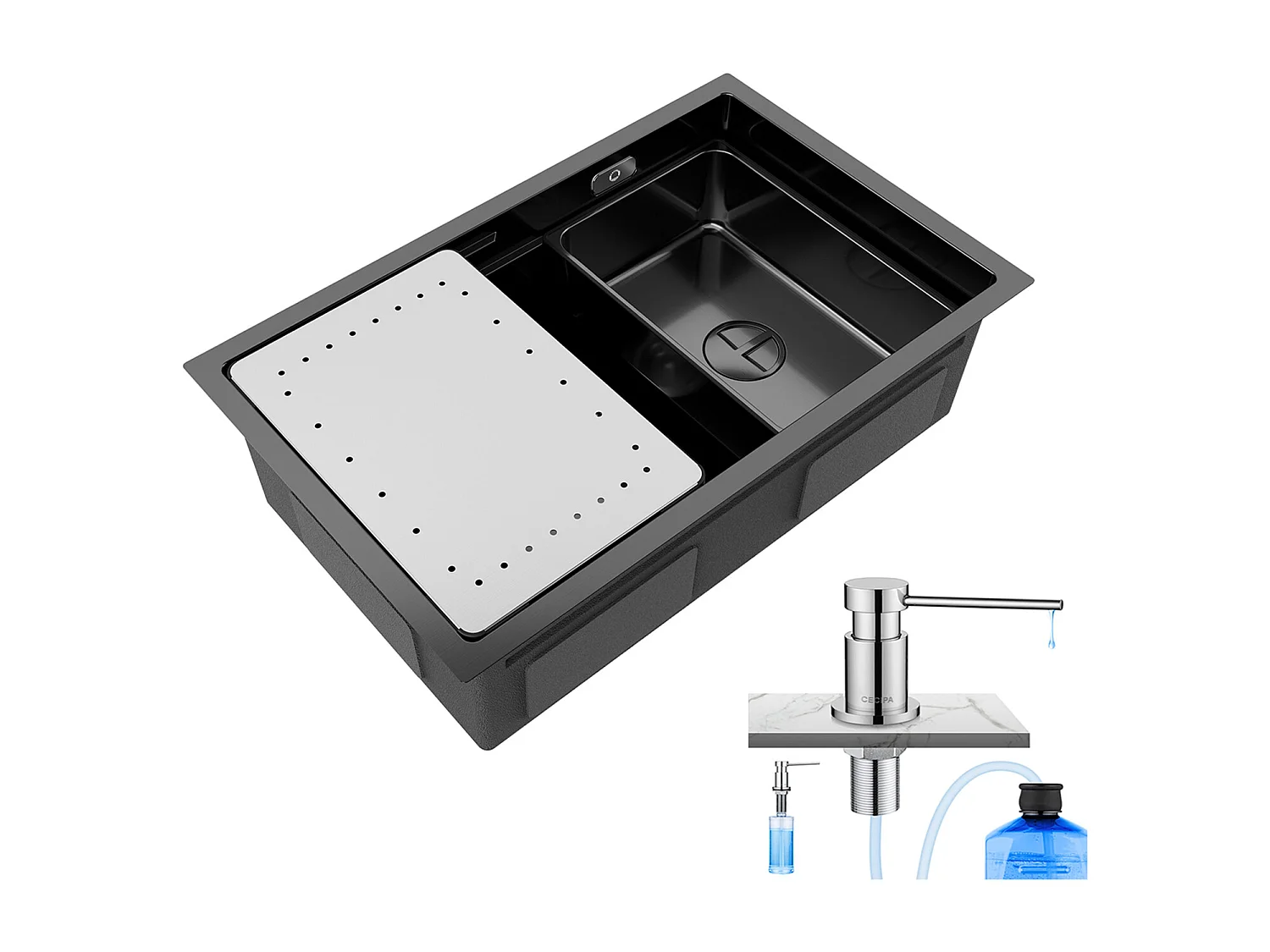 Fregadero de cocina de 1 seno, 70 × 44 × 21 cm, fregadero negro bajo encimera con escurridor y lavabo + dispensador de jabón de cocina cromado de 300 ml