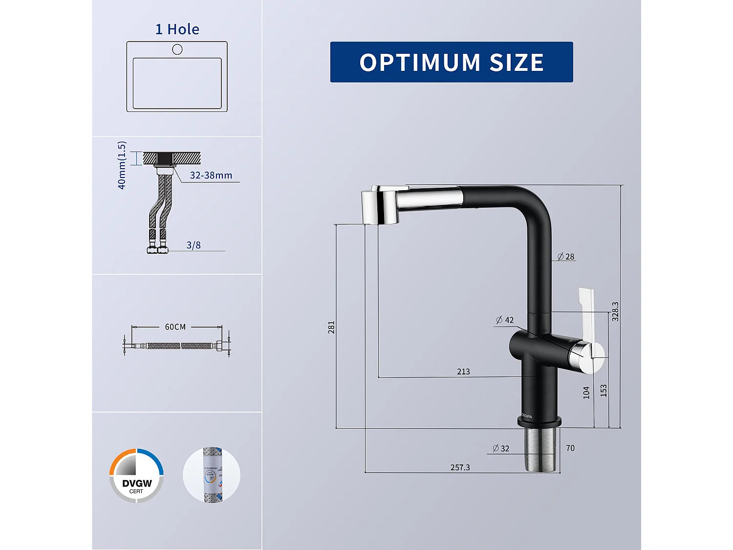 Cecipa max Évier de Cuisine 1 Bac, 50 x 45 x 18,5 cm, Évier de Cuisine Carré Inoxydable Brossé + Robinet de Cuisine Extractible, Noir + Galvanique