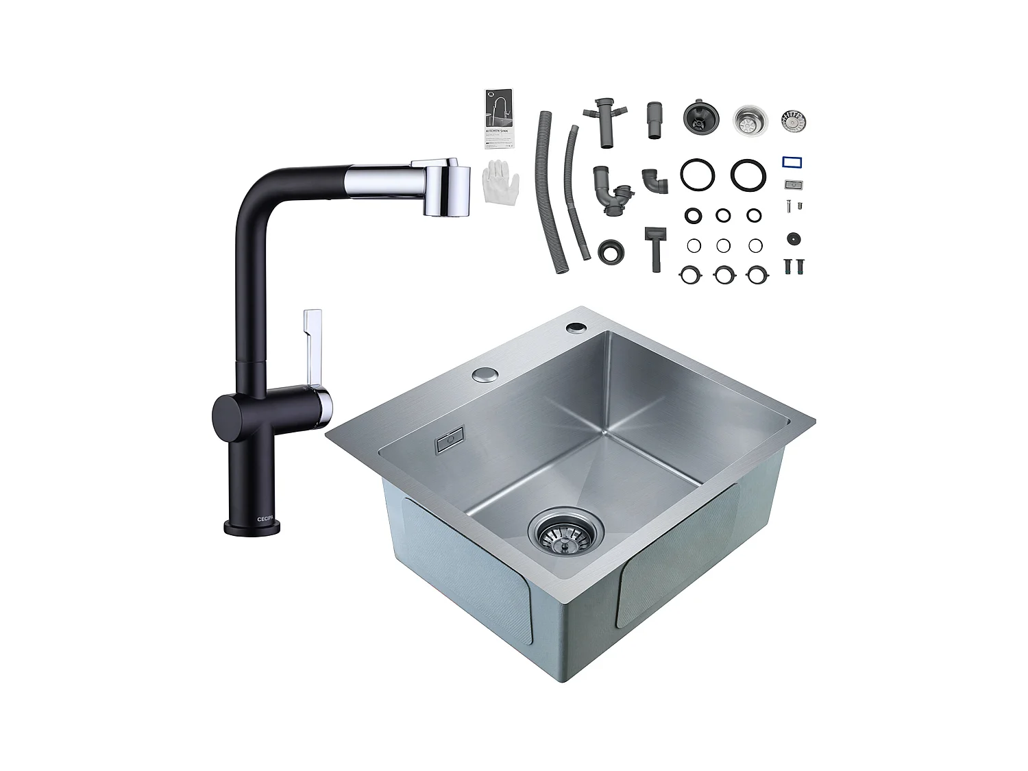 Cecipa max 1 Kom Keukenspoelbak, 50 x 45 x 18,5 cm, Vierkant Geborsteld RVS Aanrecht + Uittrekbare Keukenkraan, Zwart + Galvanisch