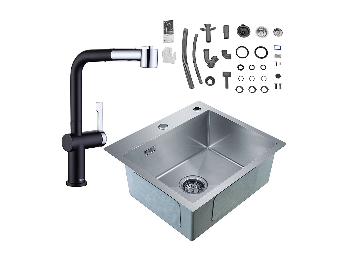Siphon D'Évier De Cuisine Carré 114mm Acier Inox - Avec Bonde à Levier Et Filtre Anti-Débris