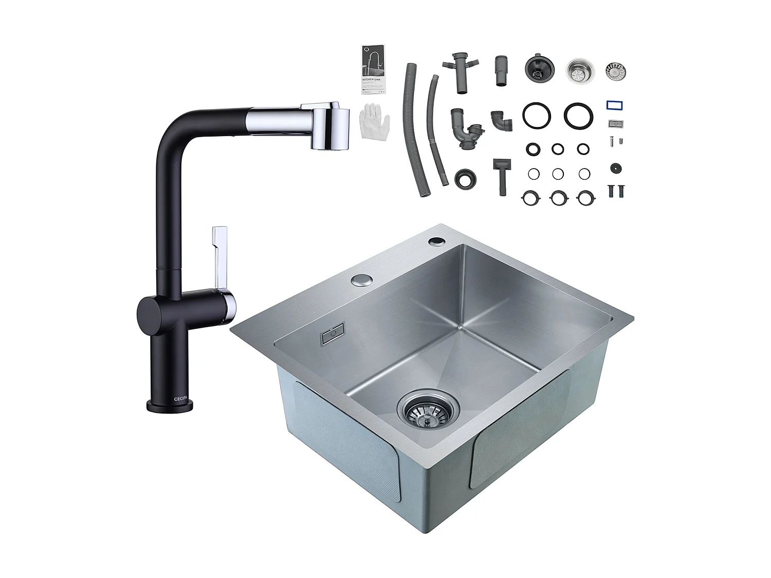 Cecipa max Évier de Cuisine 1 Bac, 50 x 45 x 18,5 cm, Évier de Cuisine Carré Inoxydable Brossé + Robinet de Cuisine Extractible, Noir + Galvanique