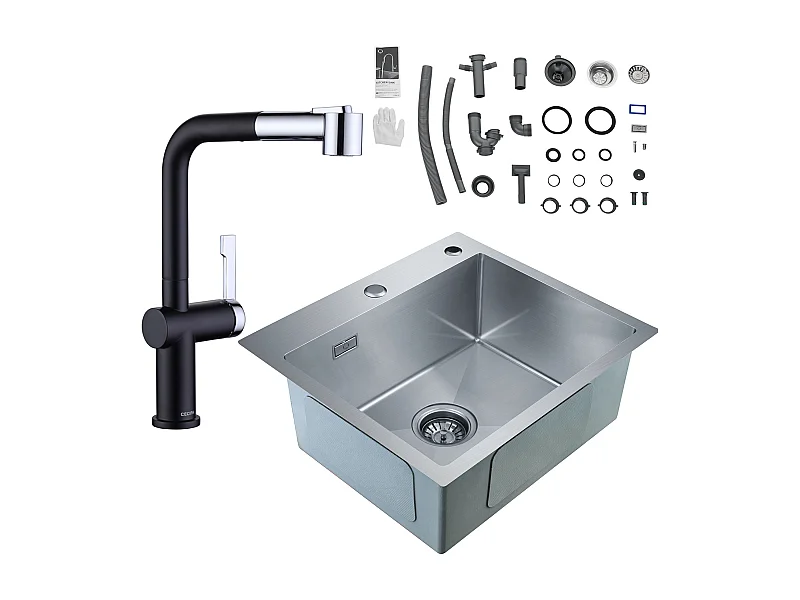 Cecipa max 1 Becken Küchenspüle, 50 x 45 x 18,5 cm, gebürsteter Edelstahl quadratische Küchenspüle + ausziehbarer Küchenarmatur, Schwarz + Galvanisch