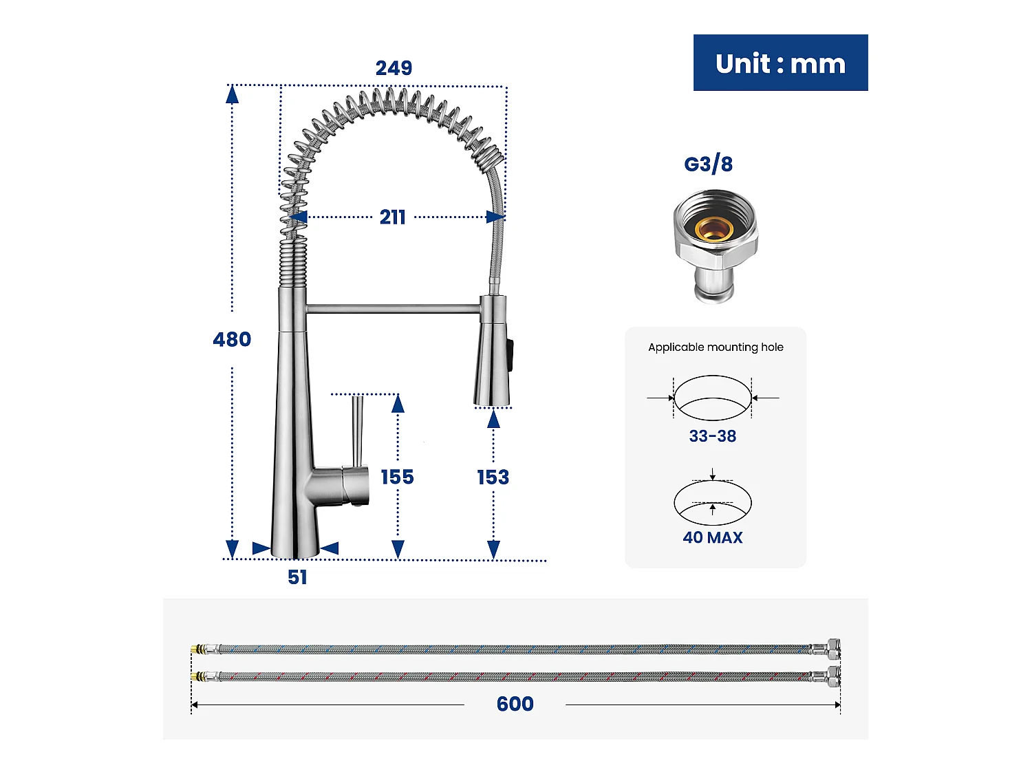 Cecipa max Évier de Cuisine Inox 60×45cm, Évier 1 Bac avec Panier de Drainage + Mitigeur de Cuisine à Ressort avec 3 Modes de Sortie D'eau, Brossé