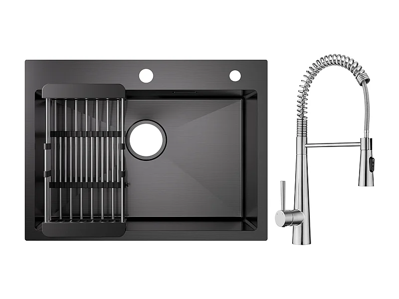 Cecipa max Küchenspüle aus Edelstahl 60×45cm, Einzelbeckenspüle mit Ablaufkorb + Feder-Küchenarmatur mit 3 Wasserauslassmodi, Gebürstet