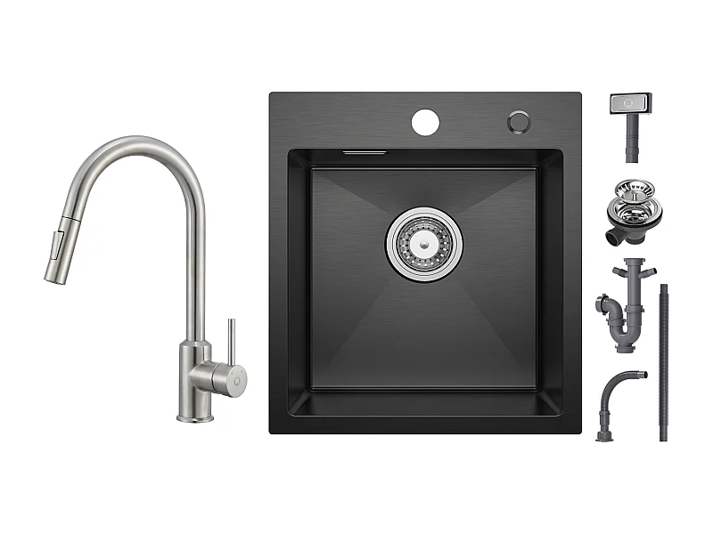 Cecipa max Keukenspoelbak 1 Bak Zwart 40*45*19CM - RVS Spoelbak 1 Bak + Keukenmengkraan met Uittrekbare Sproeikraan met 2 Waterafvoermodi