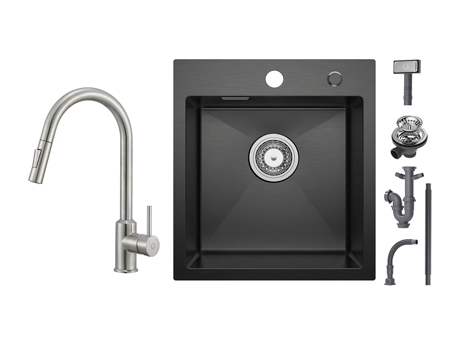 Cecipa max Küchenspüle 1 Becken Schwarz 40*45*19CM - Edelstahlspüle 1 Becken + Küchenmixer mit ausziehbarer Brausearmatur mit 2 Wasserauslassmodi