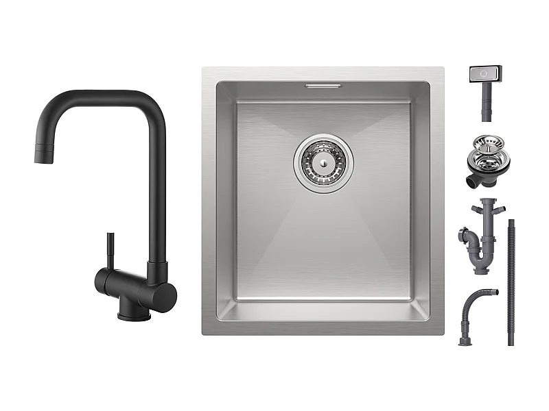 Cecipa max Évier de Cuisine 1 Bac 40x44cm - Évier Inox Évier Encastré Brossé + Cuisine Rabattable Noir Robinet Pliable Mitigeur Cuisine Sous Fenêtre