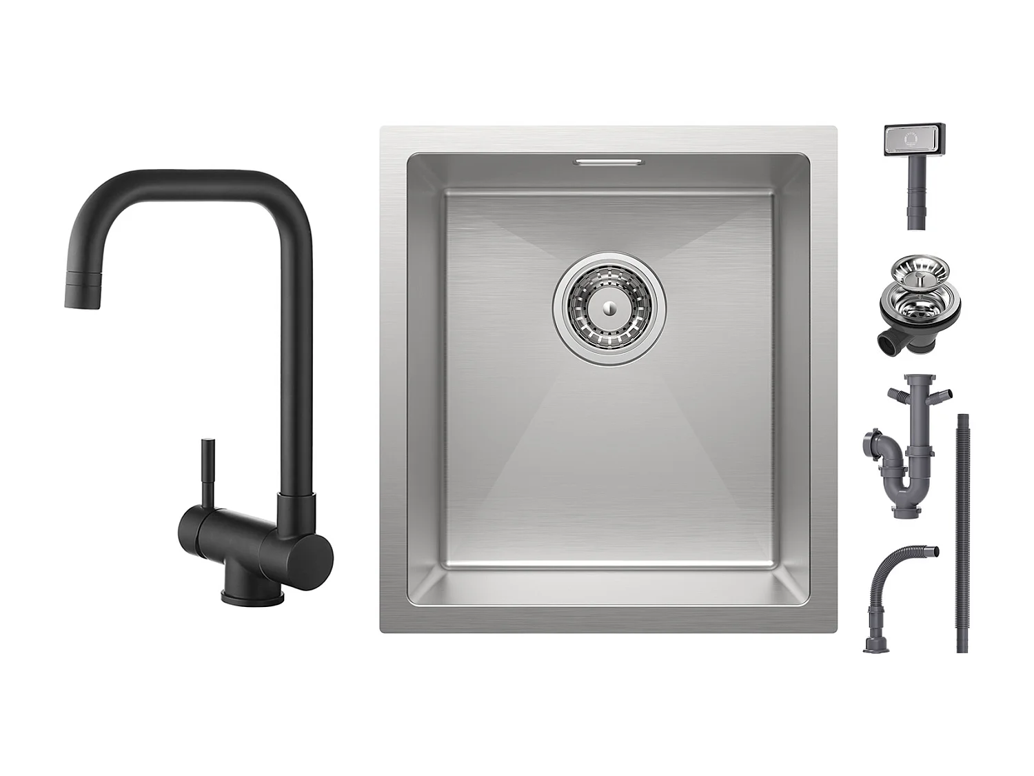 Cecipa max Keukenspoelbak 1 Kom 40x44cm - RVS Spoelbak Geborsteld Inbouwspoelbak + Zwarte Opvouwbare Keukenkraan Opvouwbare Keukenmengkraan Onder Raam