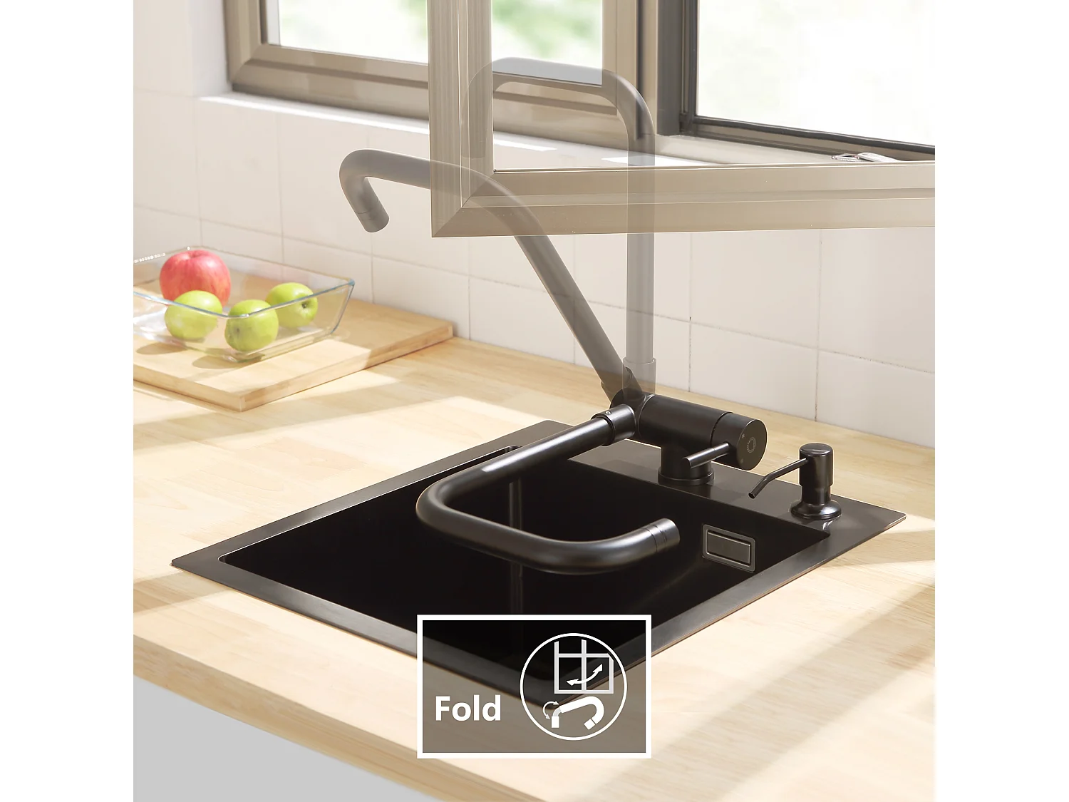 Cecipa max Évier de Cuisine 1 Bac 40x44cm - Évier Inox Évier Encastré Brossé + Cuisine Rabattable Noir Robinet Pliable Mitigeur Cuisine Sous Fenêtre