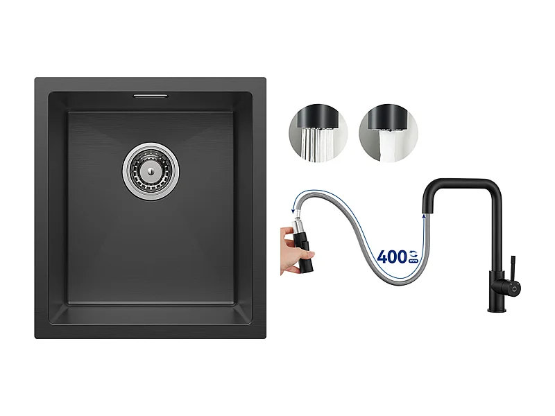 CECIPA MAX Fregadero de Acero Inoxidable 40*44*19 cm Fregadero de 1 Sena Fregadero Negro + Grifo Monomando con Ducha Extraíble, Negro