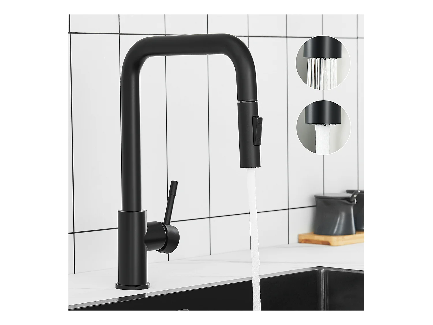 CECIPA MAX Lavello Inox 40*44*19 cm Lavello 1 Vasca Lavello Cucina Nero + Miscelatore con Doccetta Estraibile, Nero