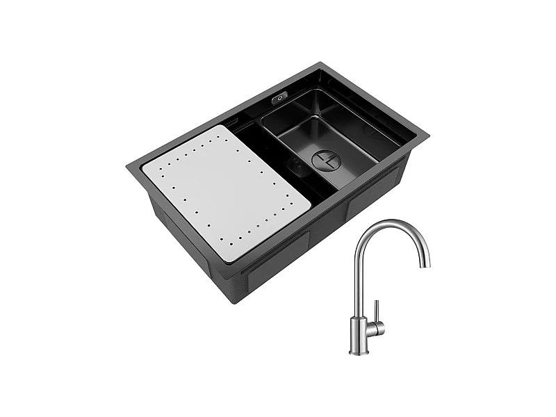 Évier Cuisine 1 Bac 70×44×21CM Évier Inox Noir avec Egouttoir et Vasque + Mitigeur de Cuisine en Inox Brossé