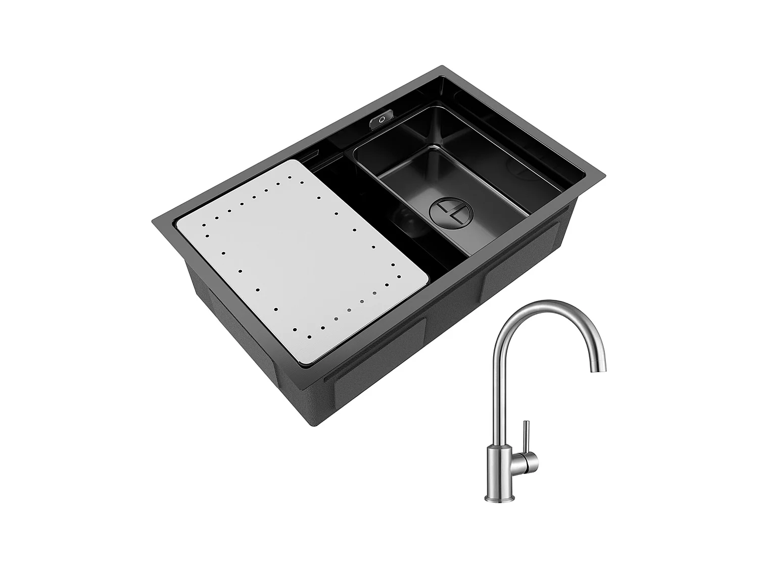 1 Becken Küchenspüle 70×44×21CM Schwarzes Edelstahlspülbecken mit Abtropffläche und Becken + Küchenmischbatterie aus gebürstetem Edelstahl