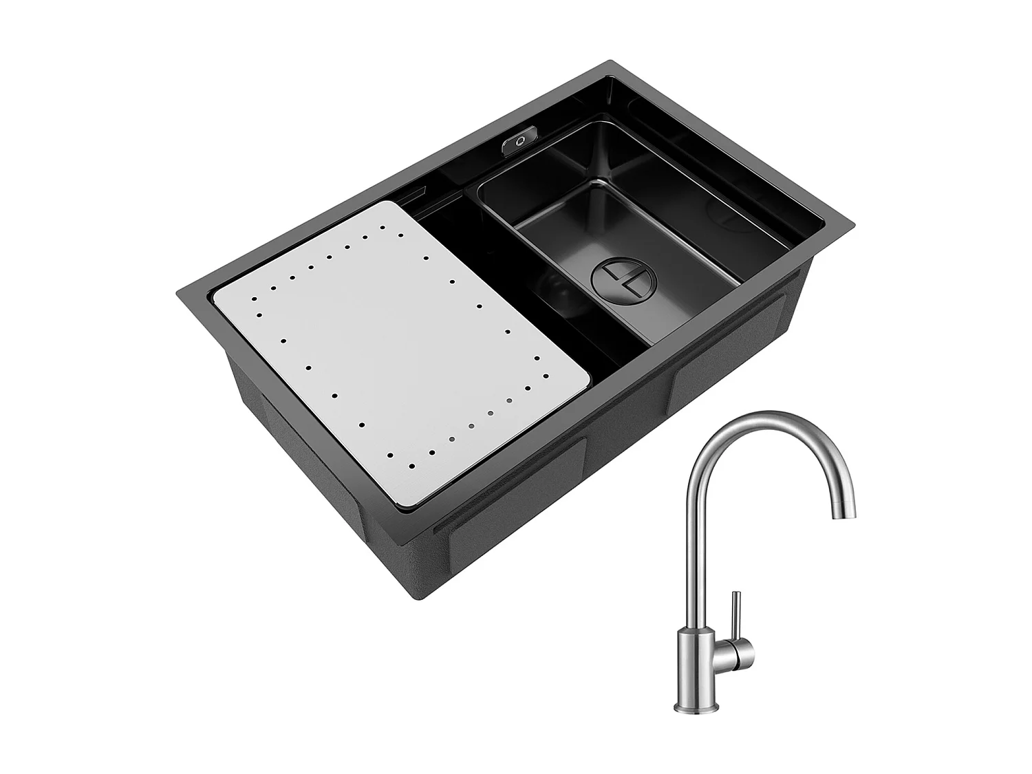 Évier Cuisine 1 Bac 70×44×21CM Évier Inox Noir avec Egouttoir et Vasque + Mitigeur de Cuisine en Inox Brossé
