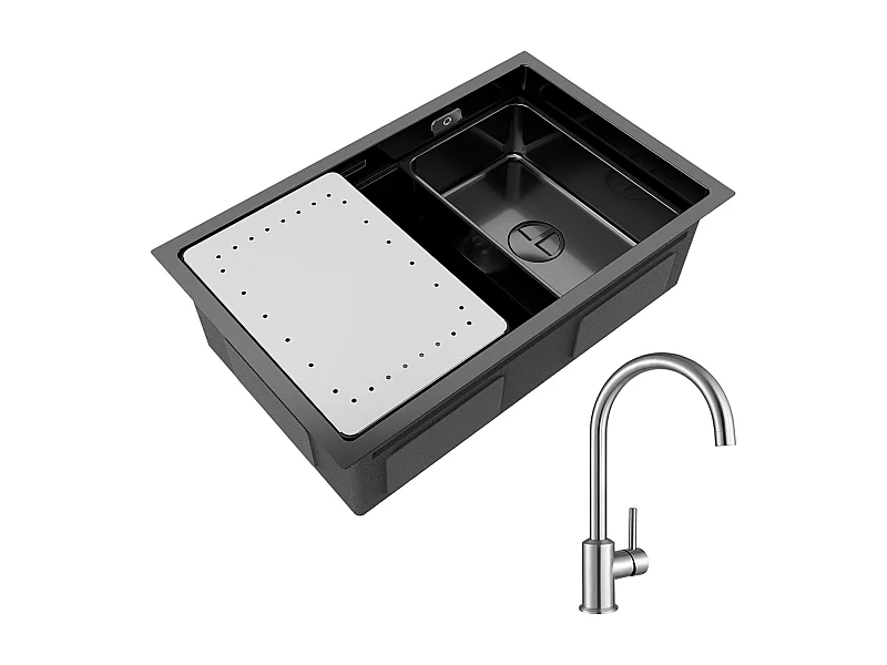 1 Becken Küchenspüle 70×44×21CM Schwarzes Edelstahlspülbecken mit Abtropffläche und Becken + Küchenmischbatterie aus gebürstetem Edelstahl