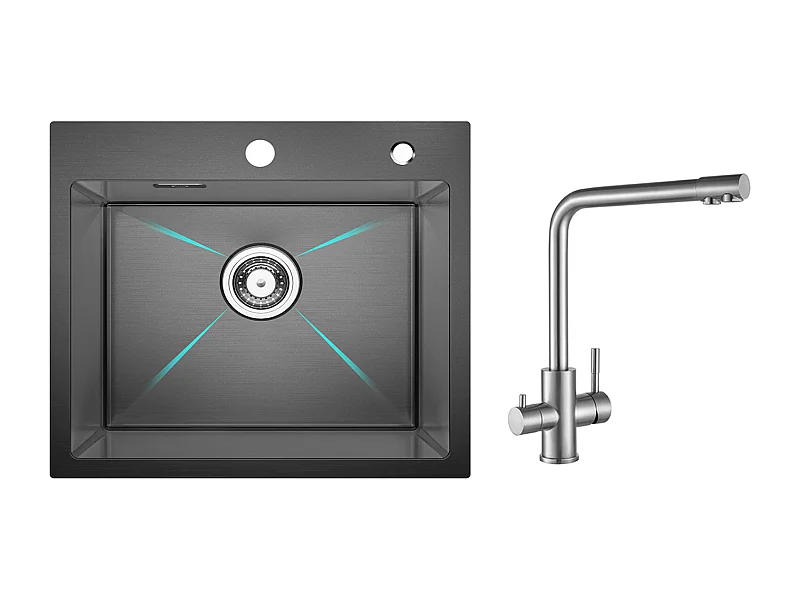 Cecipa MAX Évier Cuisine 1 Bac 50×45×18.5CM Évier Inox Noir + Mitigeur Cuisine pour Sstème D'osmose