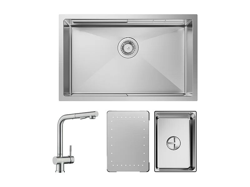 Cecipa max Évier Cuisine 1 Bac 70×44×21CM Évier à Encastrer Inox Brossé avec Egouttoir et Vasque + Mitigeur Brossé avec Douchette Robinet Douchette