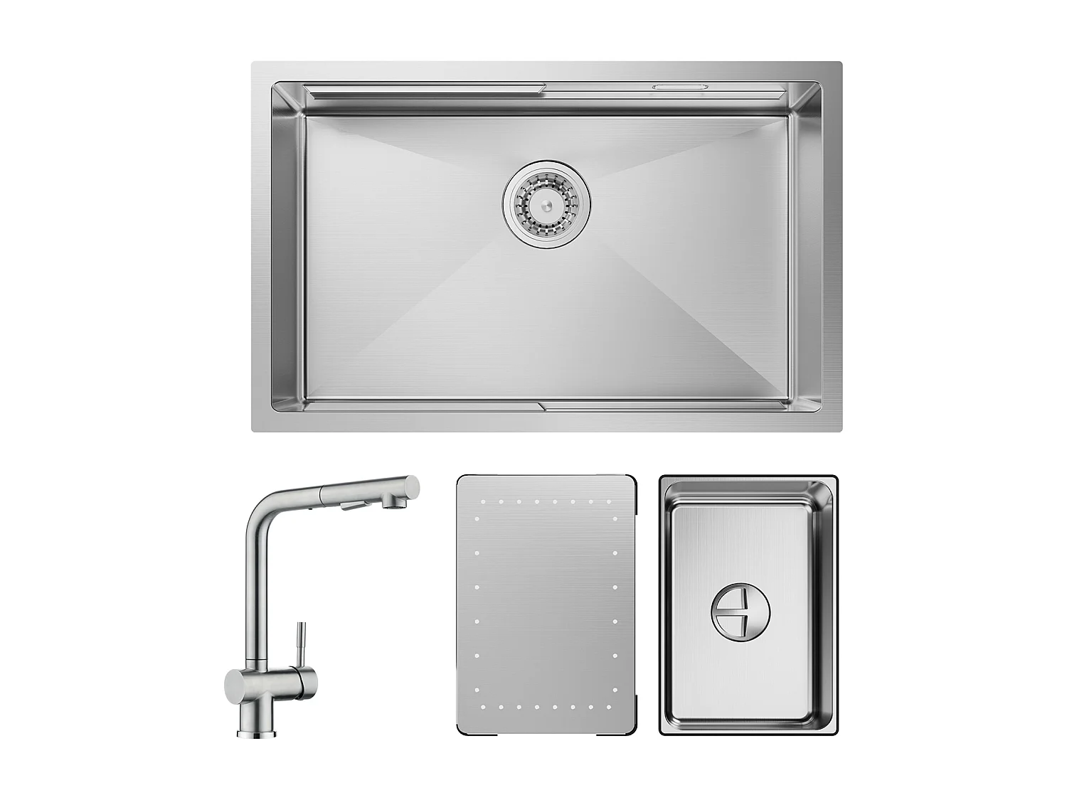 Cecipa max Évier Cuisine 1 Bac 70×44×21CM Évier à Encastrer Inox Brossé avec Egouttoir et Vasque + Mitigeur Brossé avec Douchette Robinet Douchette