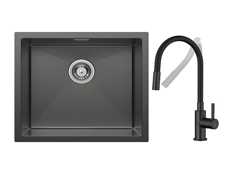 CECIPA MAX Évier 1 Bac 50*44cm Évier de Cuisine en Inox Noir Anthracite + Flexible Mitigeur de Cuisine, 2 Types de Jets  Robinet Extractible Noir