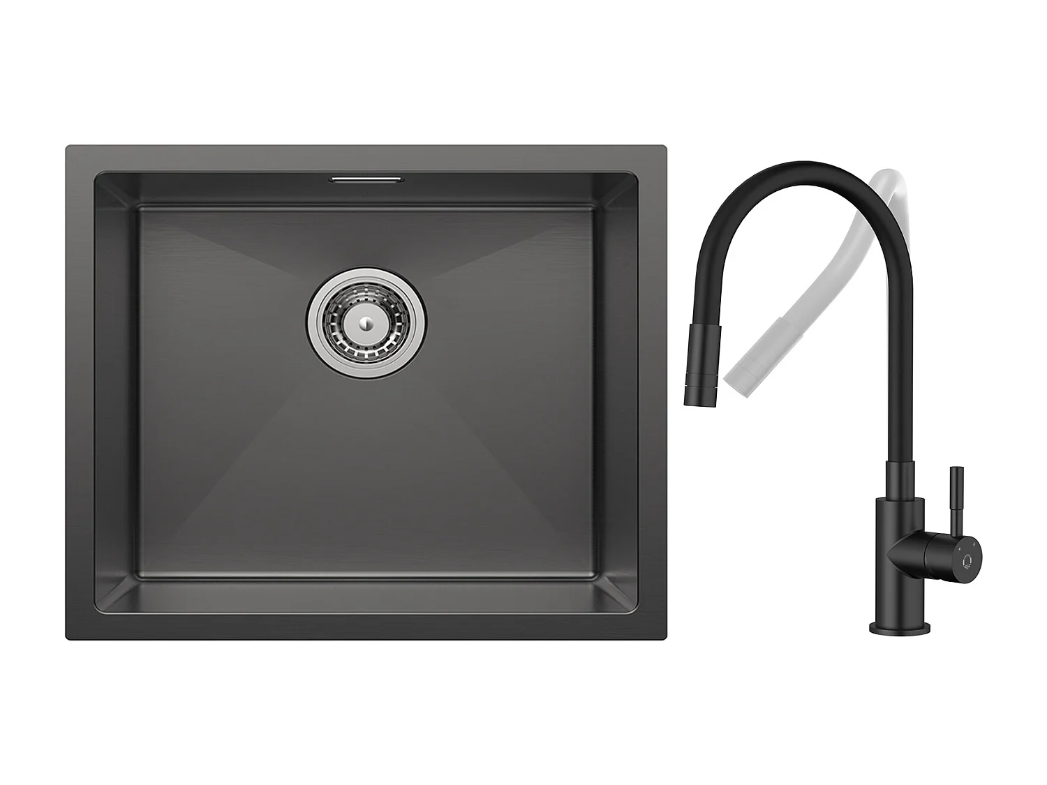 CECIPA MAX Évier 1 Bac 50*44cm Évier de Cuisine en Inox Noir Anthracite + Flexible Mitigeur de Cuisine, 2 Types de Jets  Robinet Extractible Noir