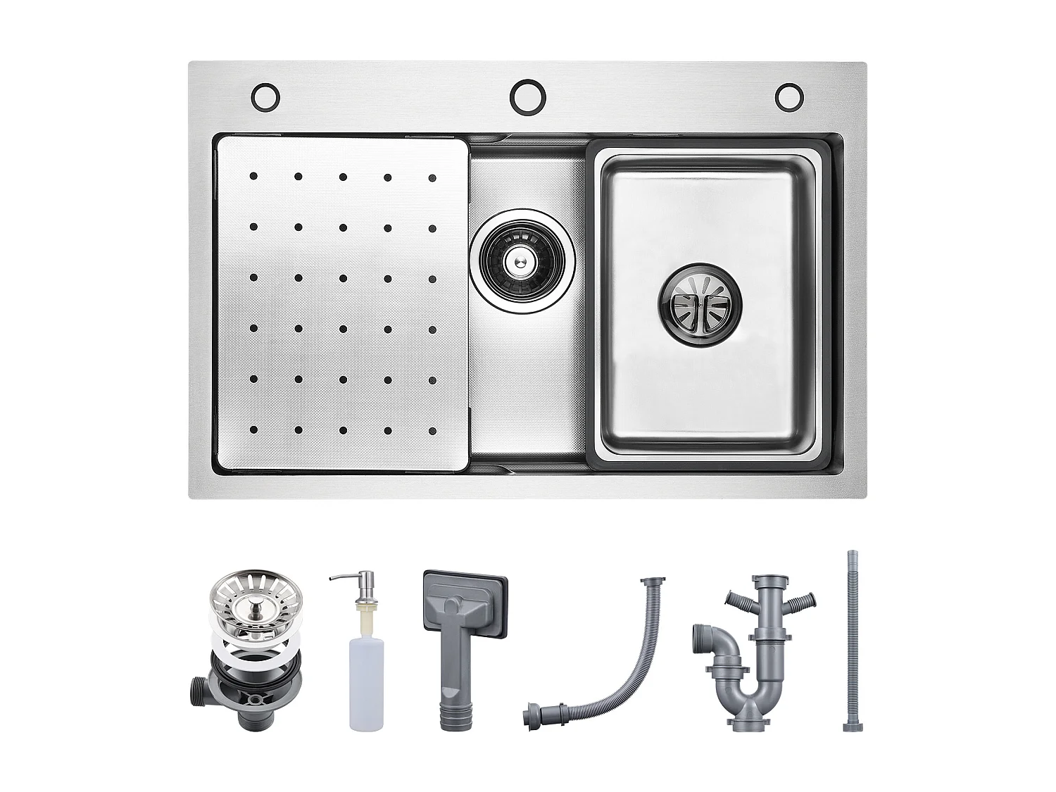 Cecipa max RVS Spoelbak 70×45×21,5CM met Afdruiprek, Wastafel en Zeepdispenser + Keukenmengkraan met Uittrekbare Sproeier Zwart