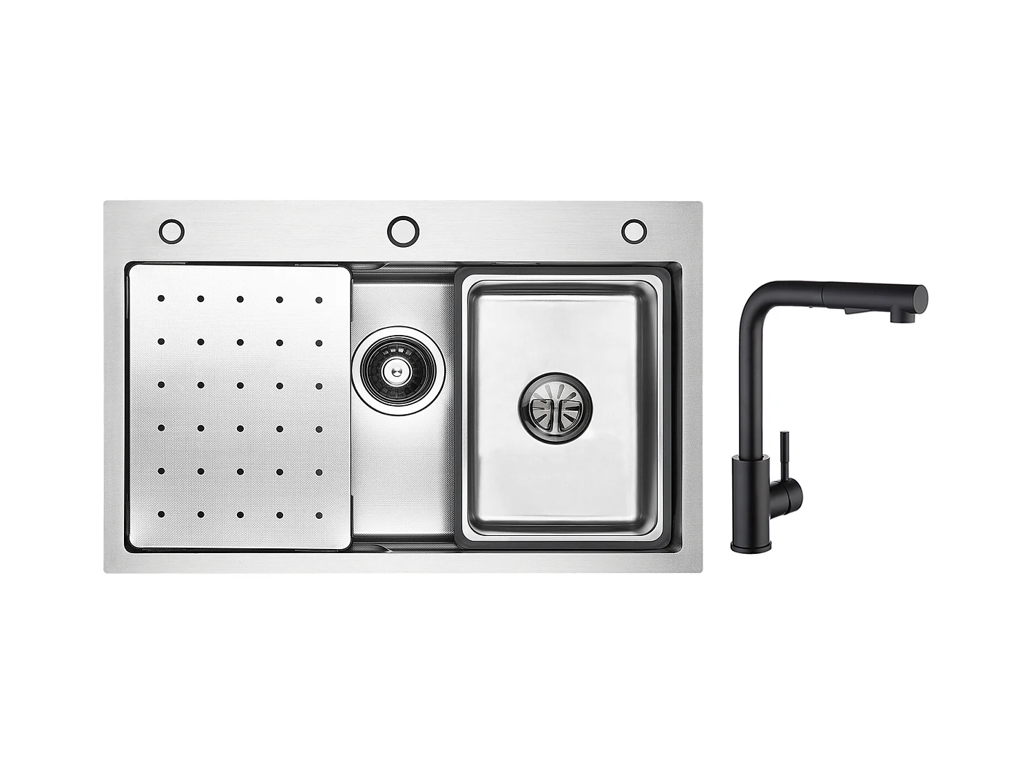 Cecipa max Évier Inox 70×45×21.5CM avec Egouttoir, Vasque et Distributeur de Savon + Mitigeur de Cuisine avec Douchette Extractible Noir