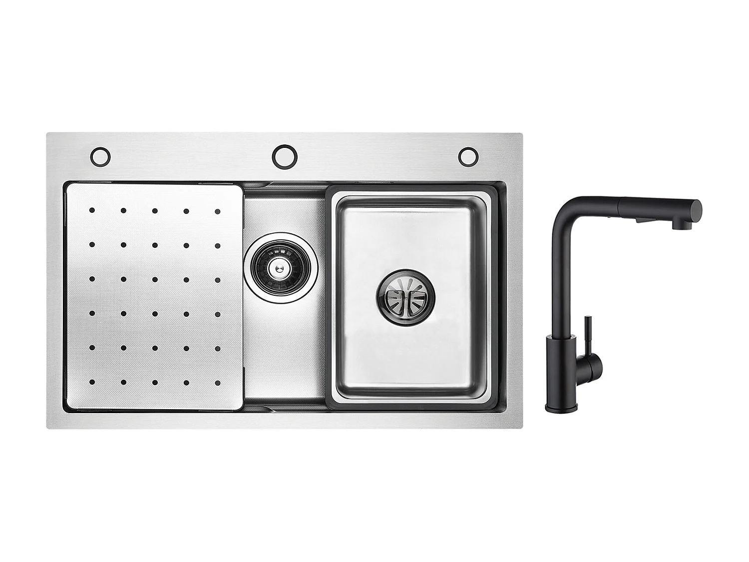 Cecipa max Évier Inox 70×45×21.5CM avec Egouttoir, Vasque et Distributeur de Savon + Mitigeur de Cuisine avec Douchette Extractible Noir